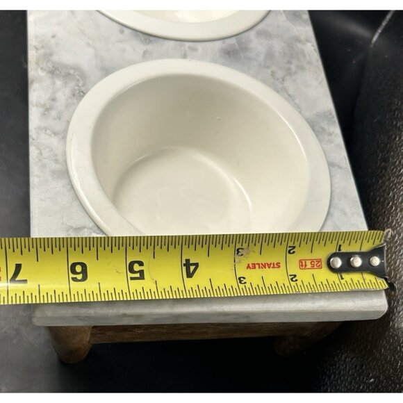 Elevated Pet Feeder x 2 Enamel Bowl Set Oak Hard Wood Base Marble Top Dog Cat - Picture 11 of 14